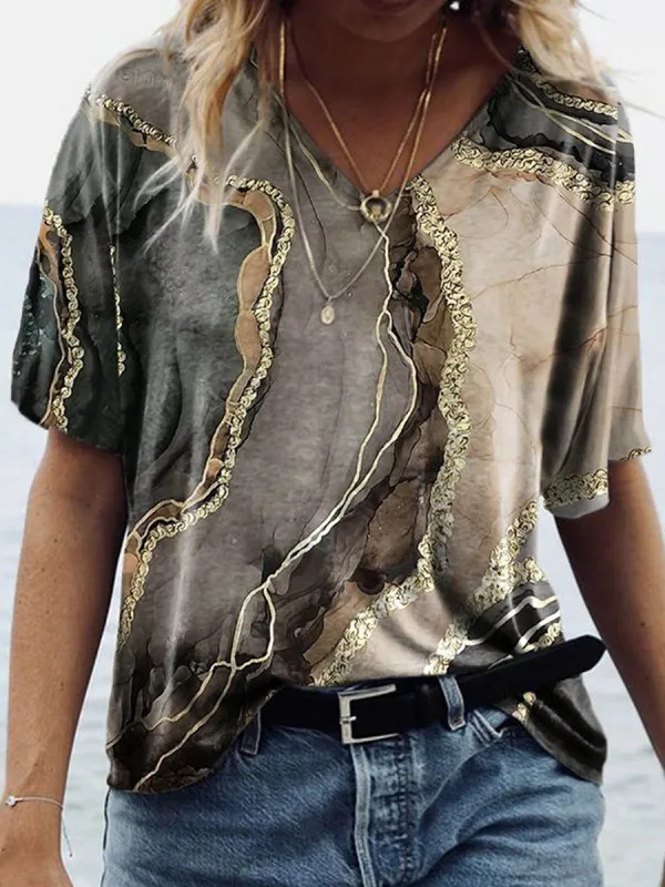 Golden Gray Marbled Ocean Wave Button Front Tunic Top