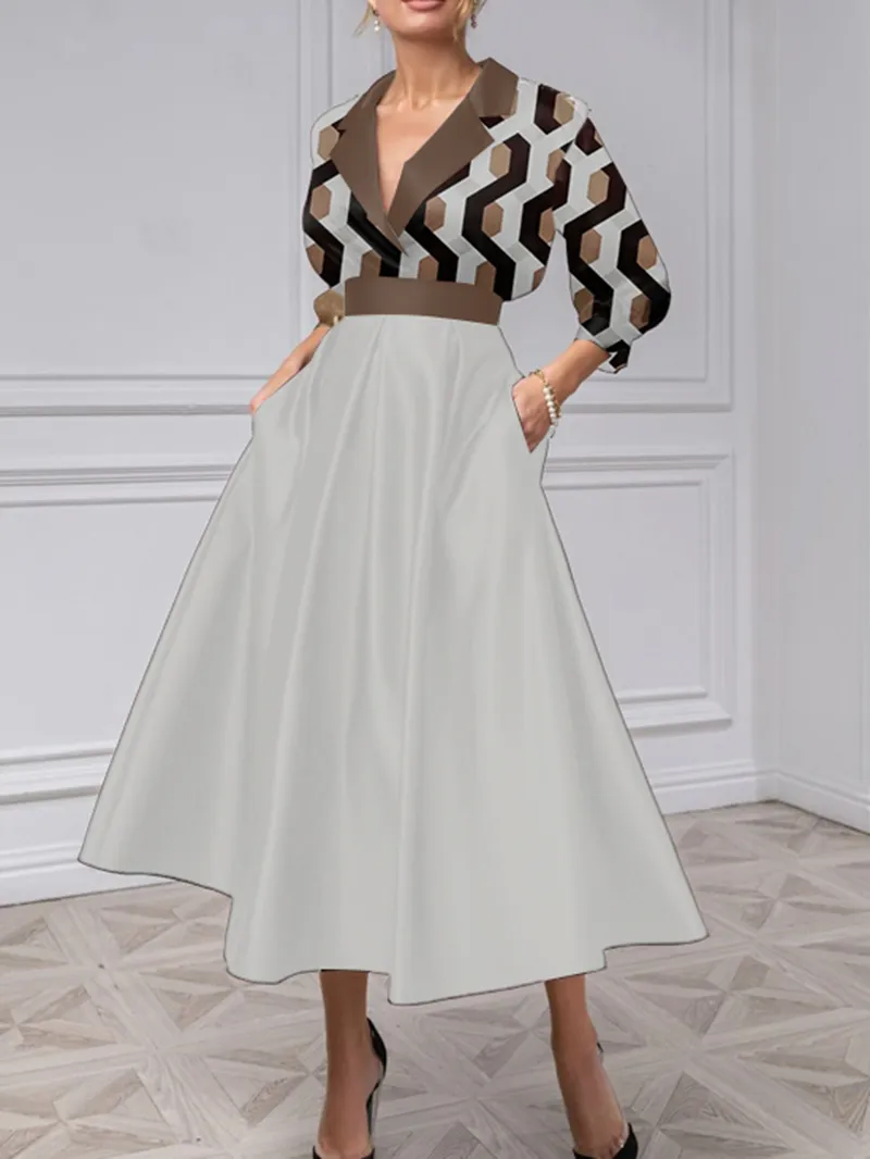 Elegant advanced lapel geometric print color contrast long sleeve shirt skirt long skirt print dress skirt