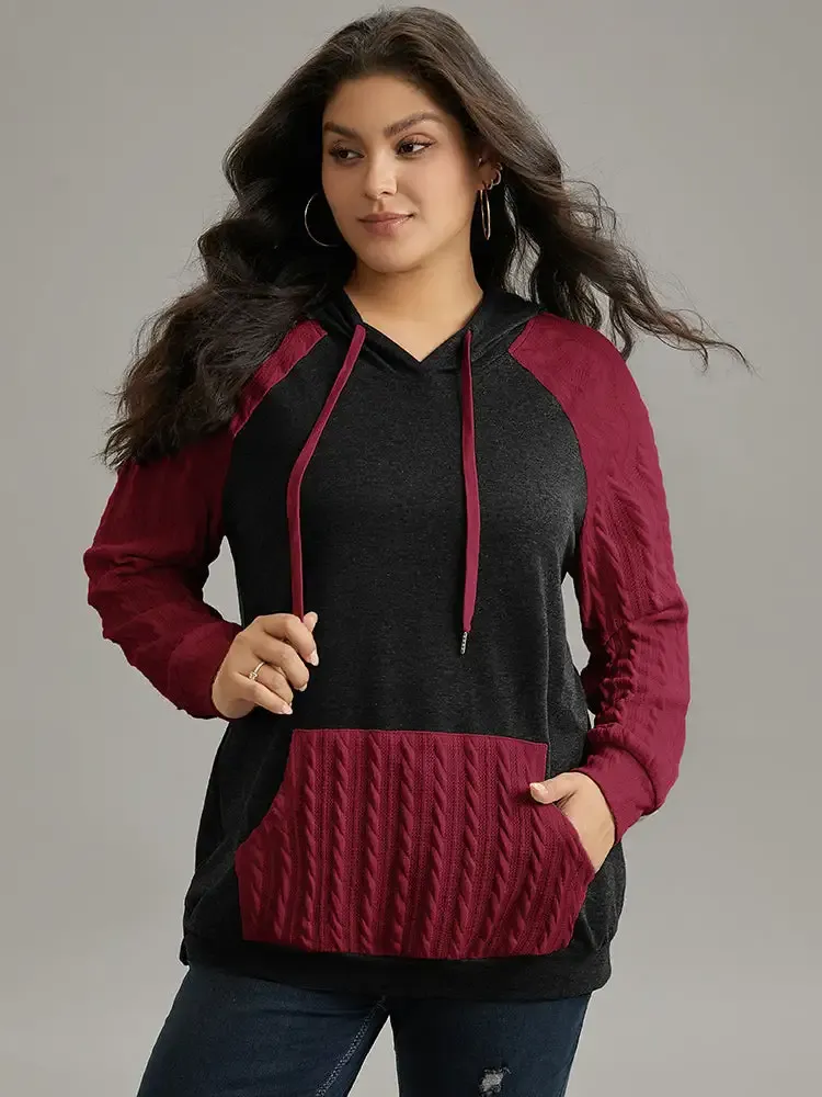 Contrast Cable Knit Pocket Hooded Drawstring Sweatshirt