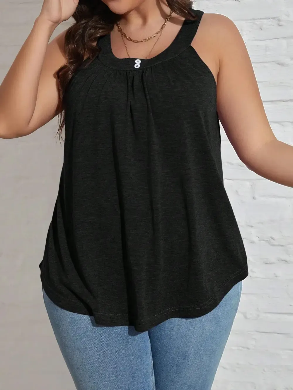 Round Neck Pleated Loose Casual Tank Top