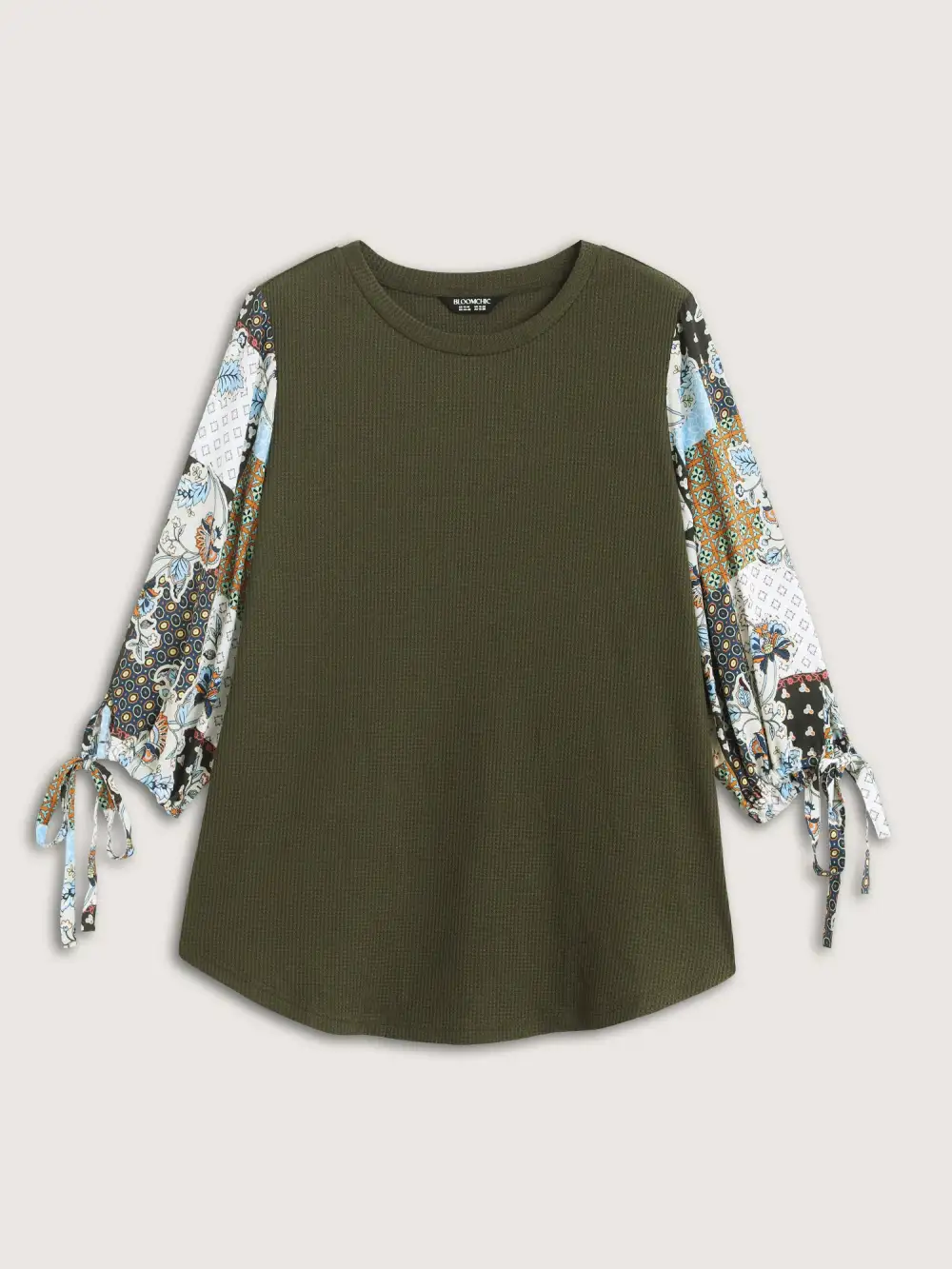 Boho Print Ribbed Sleeve Tie Sweatshirt