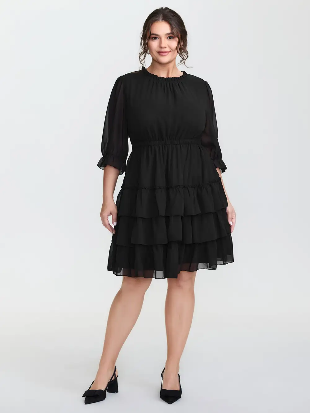 Three-Quarter Sleeve Tulle Skirt Knee-Length Dress