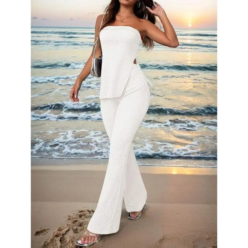 Women's Summer Two-Piece Set – Strapless Top & High-Slit Flare Pants, Casual Resort Outfit