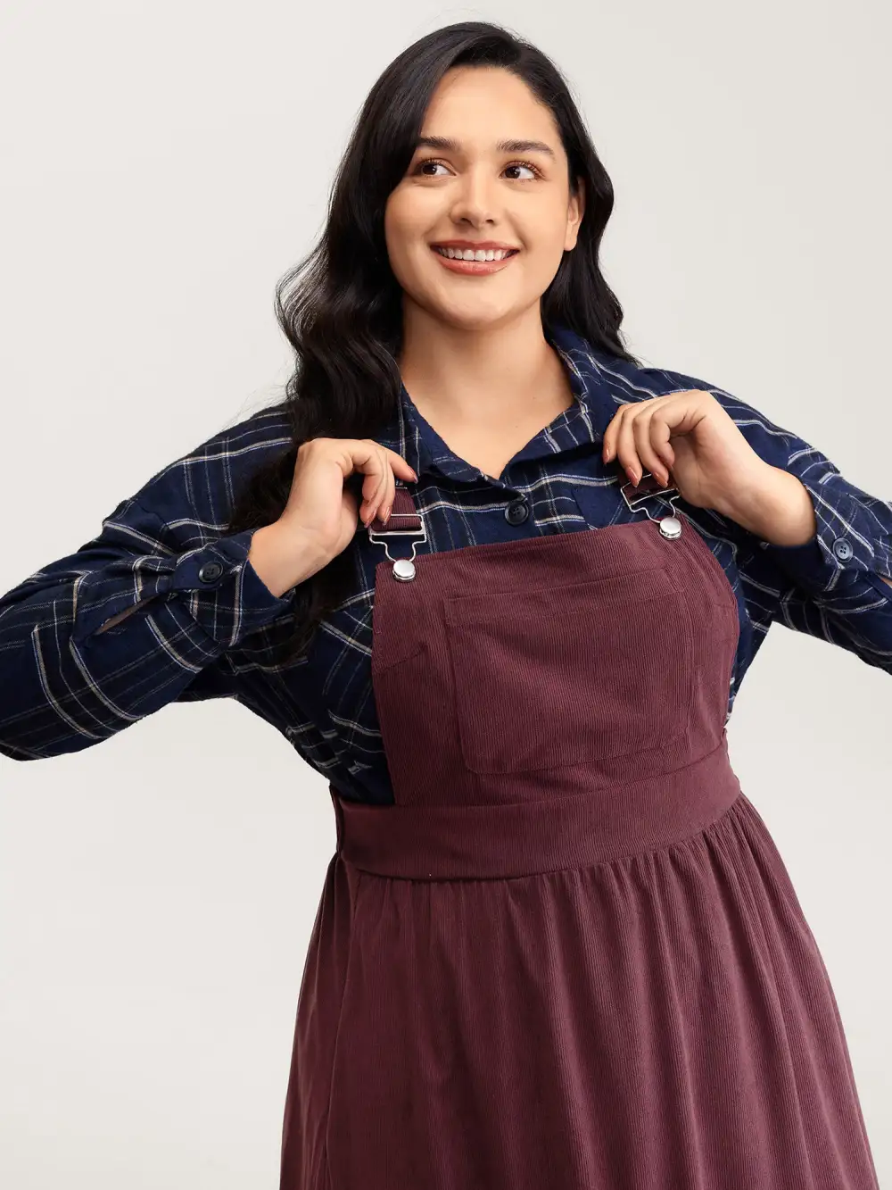 Corduroy Overall Straps Stretchy Back Midi Dress