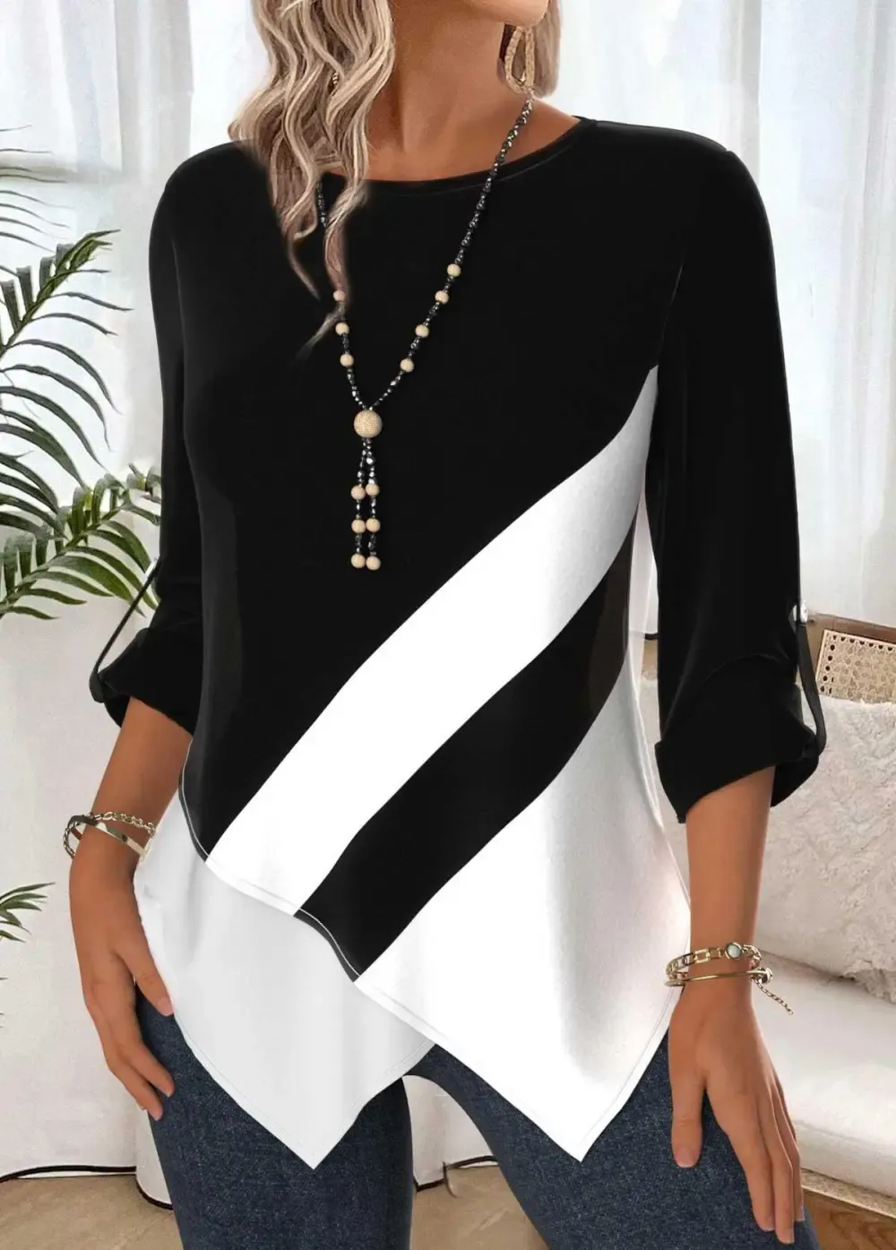 Black Tummy Coverage Geometric Print Long Sleeve Blouse