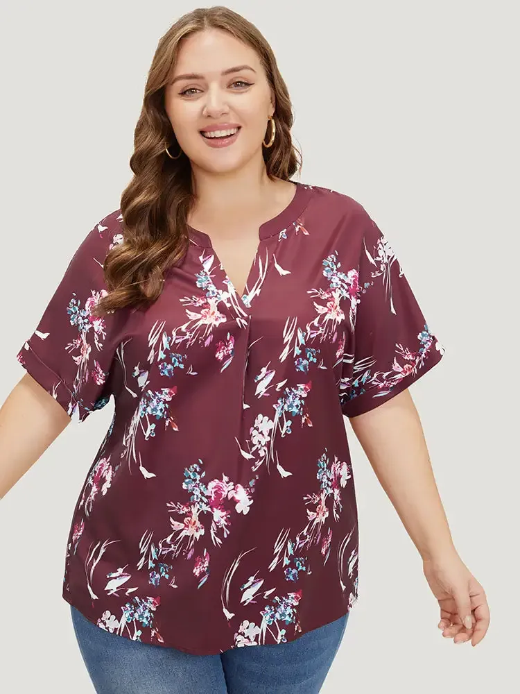 Floral Roll Batwing Sleeve Notched Neck Blouse