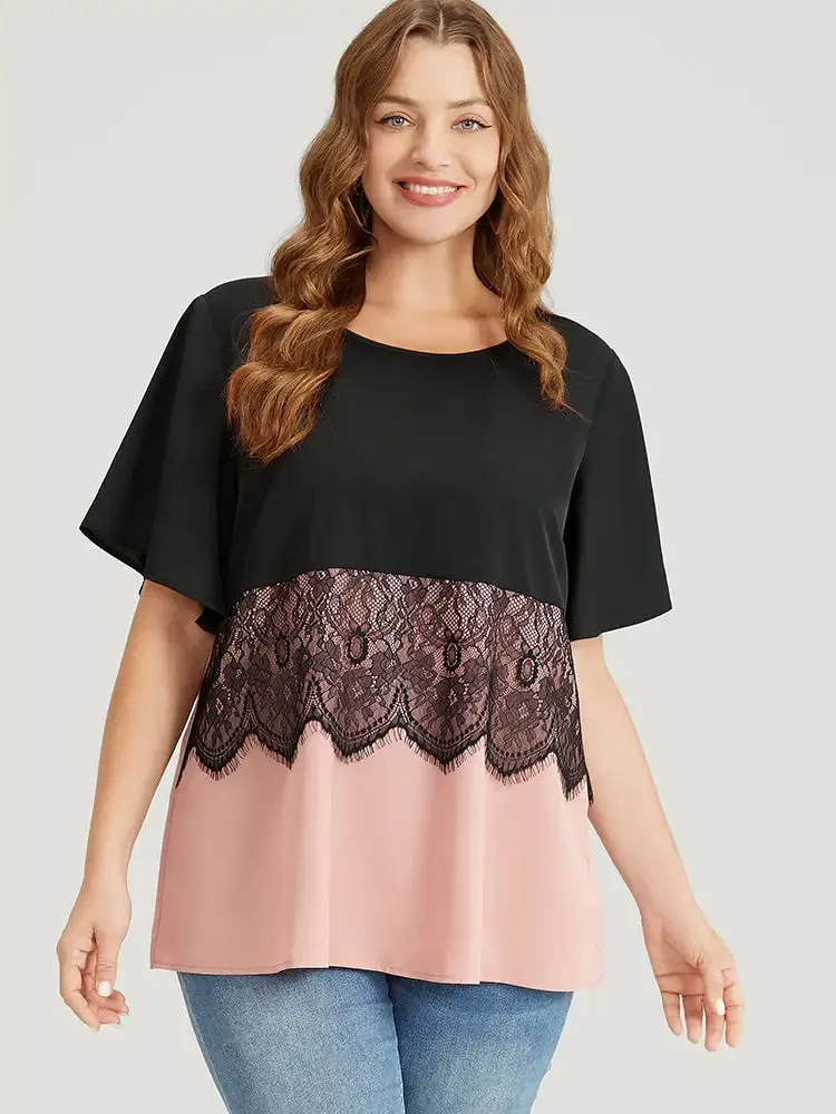 Colorblock Contrast Lace Panel Ruffles Blouse