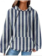 Women's Pullover Hoodie Sweatshirt Geometric Striped Casual Long Sleeve Hooded Regular Tops Street Dailywear Pocket Print White Wine Red Blue Fall Winter