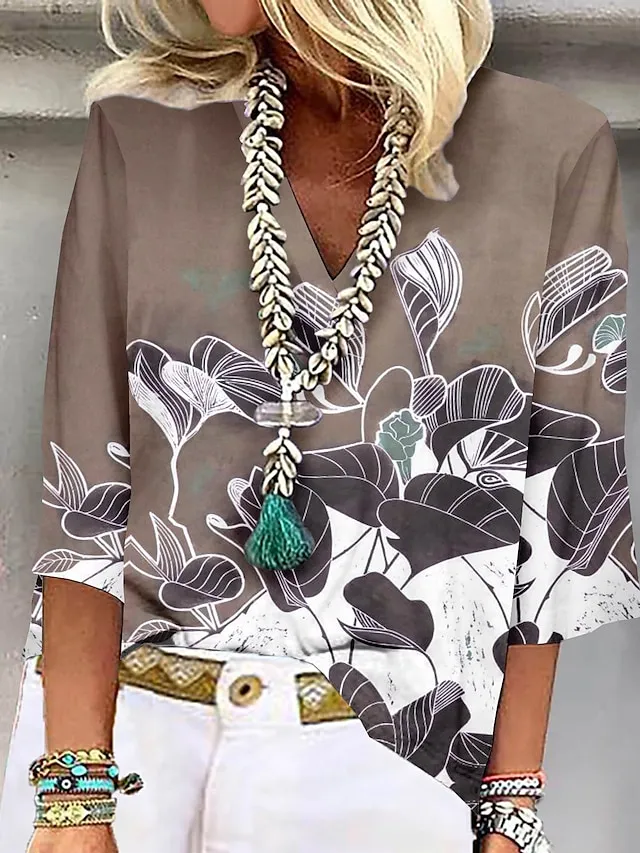 Women's Shirt Blouse 3D Casual Holiday Pink Blue Green Print 3/4 Length Sleeve Basic Shirt Collar Regular Fit