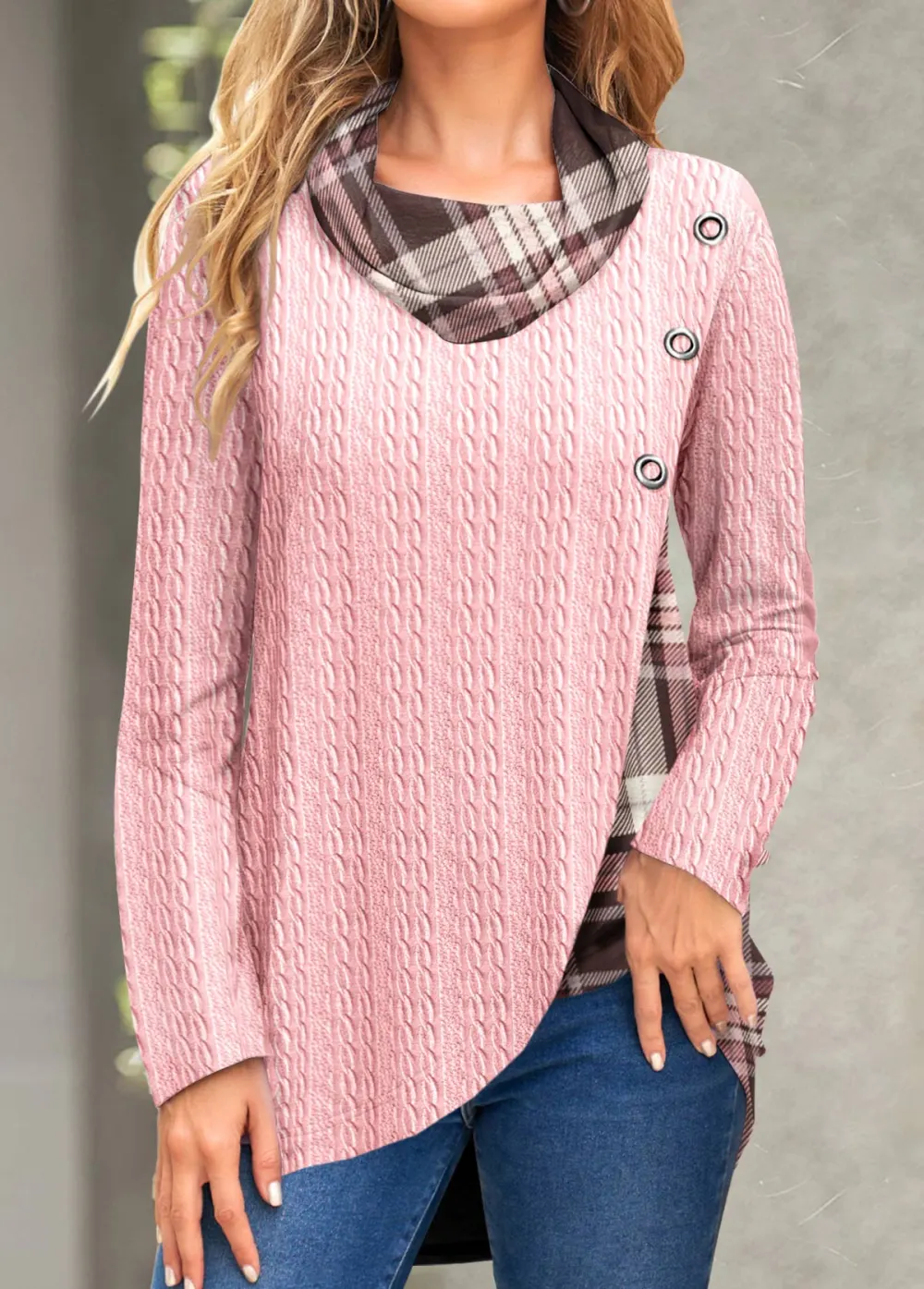 Light Pink Cross Hem Plaid Long Sleeve Sweatshirt
