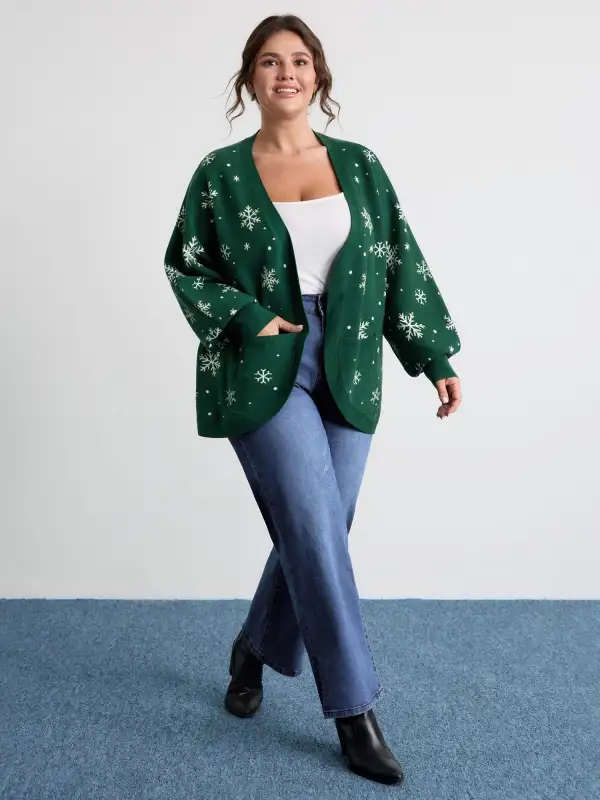 Snowflake Pattern Pockets Curvy Hem Knit Cardigan