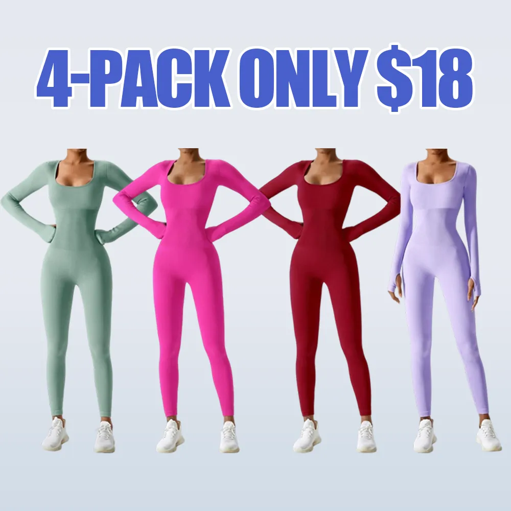 Women's Solid Ribbed Long Sleeve Sports Playsuit Tummy Control Jumpsuit, Workout Ribbed Long Sleeve Exercise Bodycon Jumpsuit