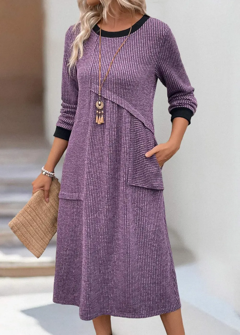 Dusty Purple Patchwork A Line Long Sleeve Dress