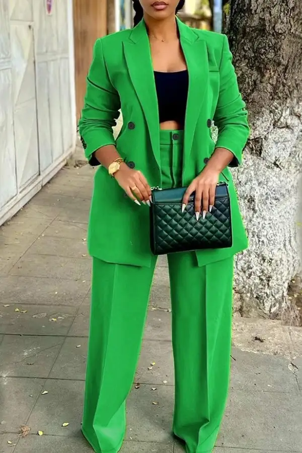 Green Notched Lapel Double Breasted Pant Set