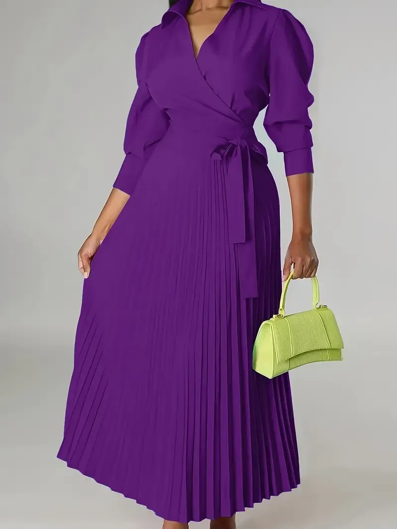 Elegant 3/4 Sleeve Solid Pleated Dress