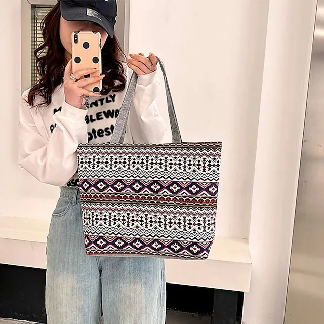 Women's Tote Shoulder Bag Canvas Tote Bag Canvas Shopping Daily Zipper Large Capacity Foldable Lightweight Striped Patchwork Folk Red stripes Red square Black square