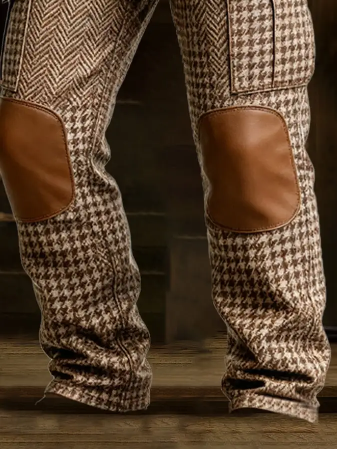 Men's Retro Herringbone Houndstooth Pattern Multi-Function Pocket Work Pants