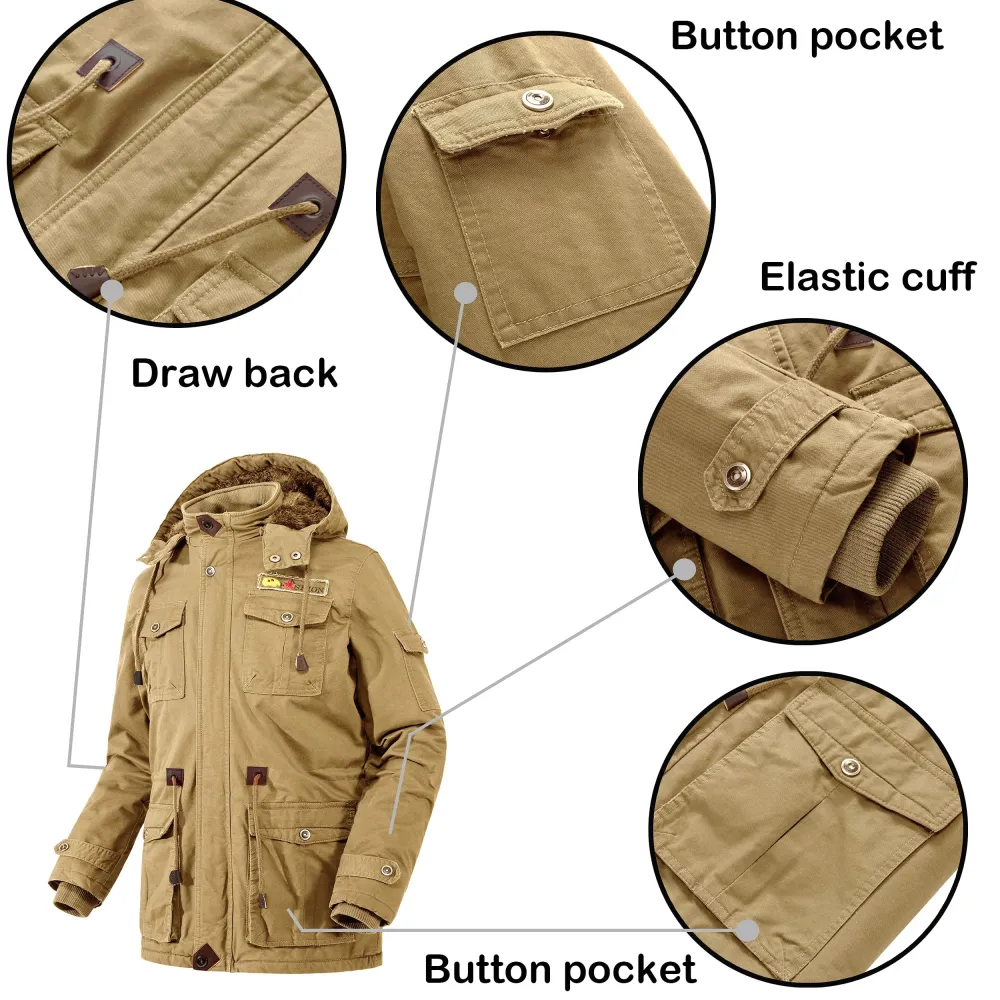 Men's Outdoor Plus Fleece Warm Hooded Multi-Pocket Mid-Length Thick Jacket