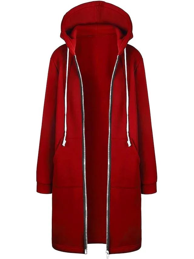 Women's Casual Jacket Fall Windproof Hoodie Jacket with Pockets Casual Workout Regular Long Coat Warm Stylish Long Sleeve Plain Black Pink Wine Sport Street