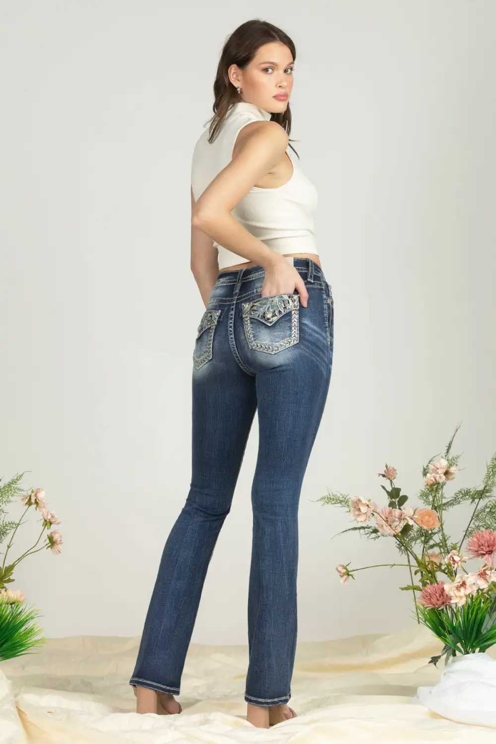 Turquoise Blue Feathers Bootcut Denim