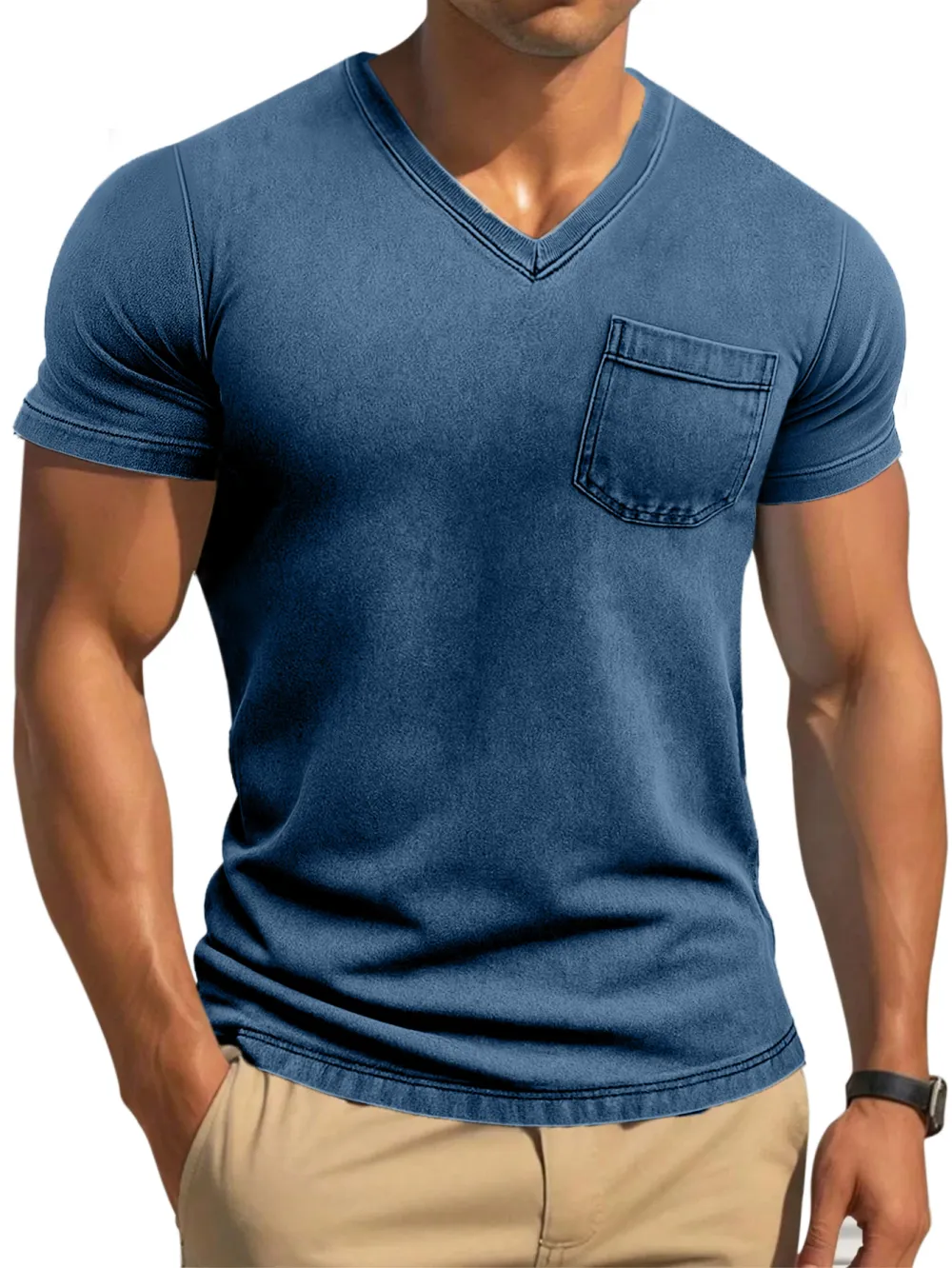 Men's Retro Solid Color Tight And Comfortable V-neck Short-sleeved T-shirt