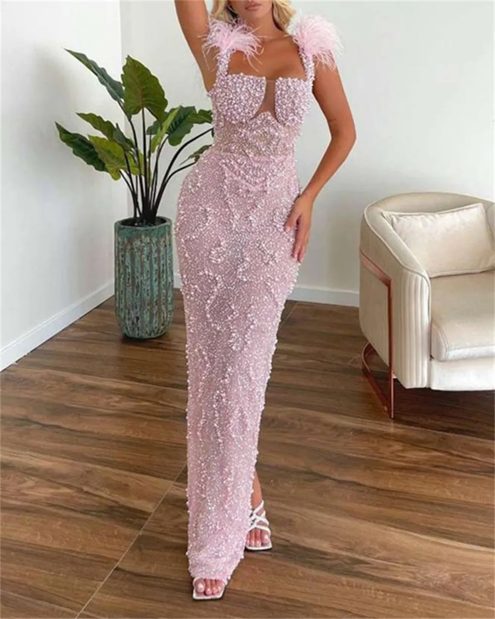 Women's Pink Suspender Sequin Evening Dress