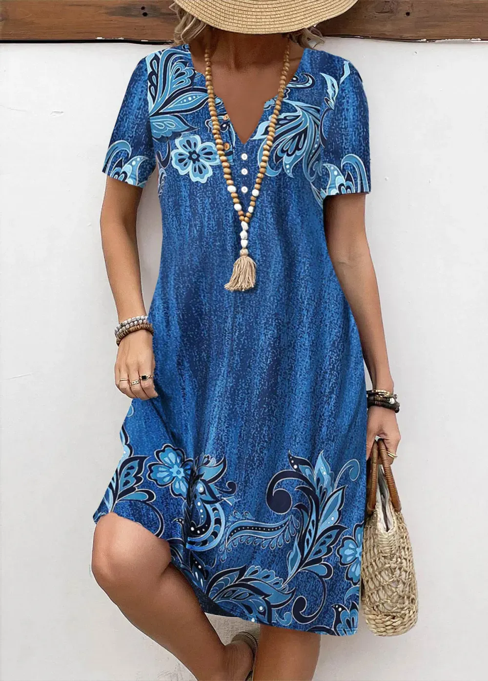 Denim Blue Button Floral Print A Line Dress