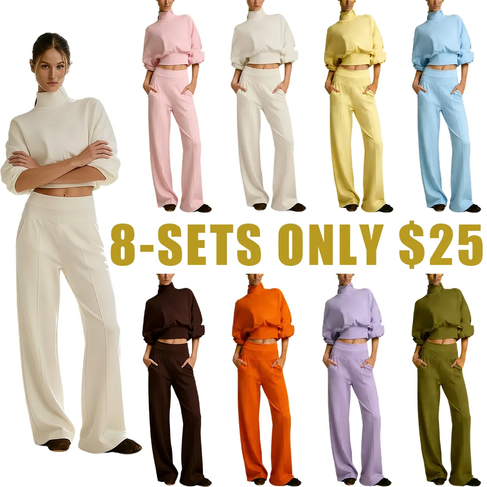 Turtleneck Puff-Sleeve Crop Top & Wide-Leg Pants Set