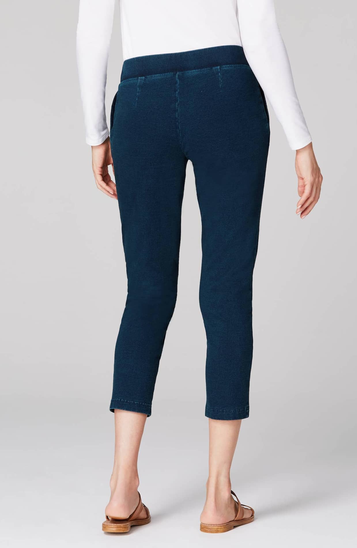 pure jill indigo knit cropped slim-leg jeans