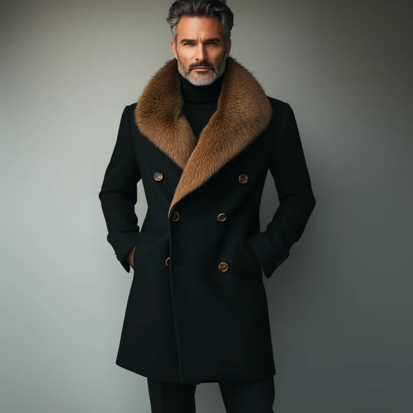 Men's Business Fluffy Lapel Double Breasted Pocket Overcoat