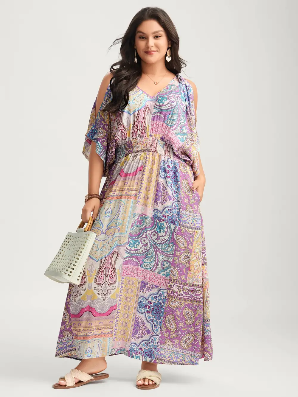 Boho Collage Off-Shoulder Maxi Dress