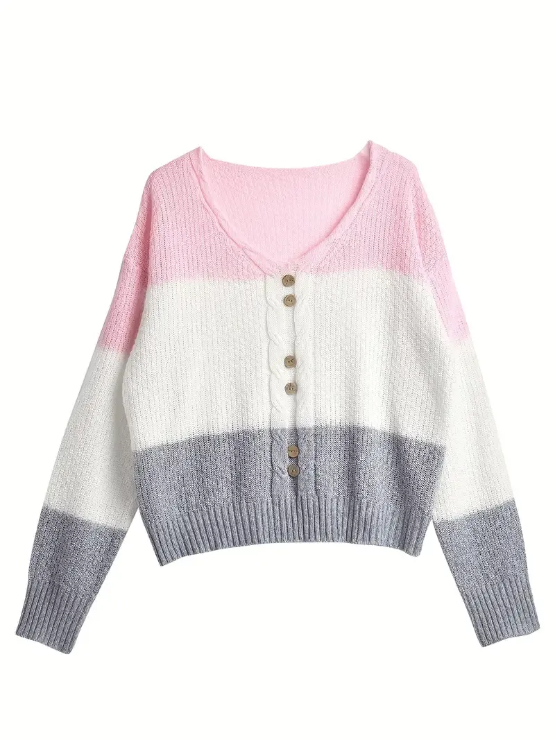 Cozy Color Block V-Neck Sweater - Soft Knit Pullover with Button Detail - Long Sleeve Casual Wear for Women