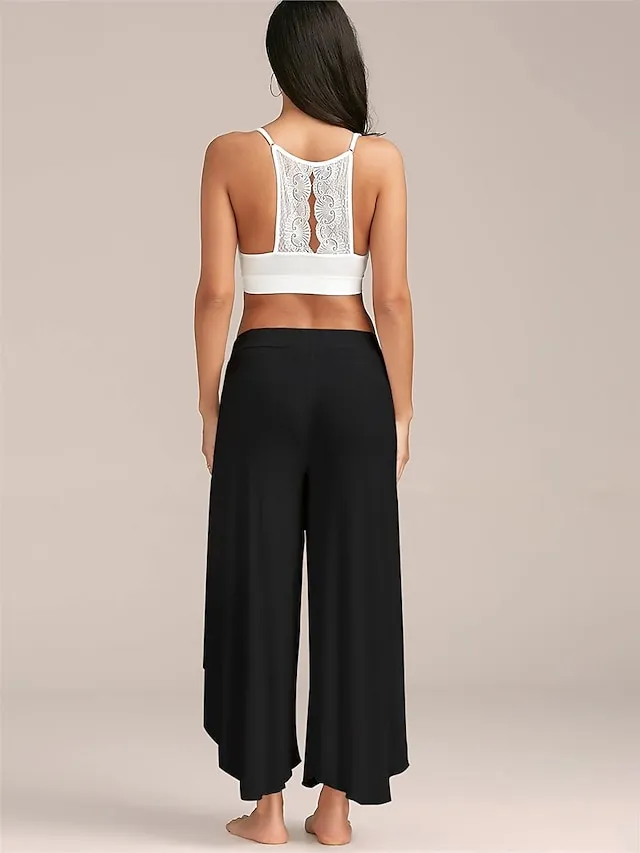 Women's Culottes Wide Leg Chinos Ruffle Layered Stretchy Mid Waist Basic Casual / Sporty Casual Daily Black White S M Summer Spring & Fall