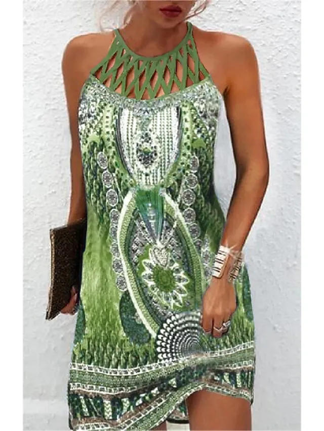 Women's Casual Dress Mini Dress Blue Sleeveless Print Print Spring Summer Halter Casual 2023 S M L XL XXL 3XL