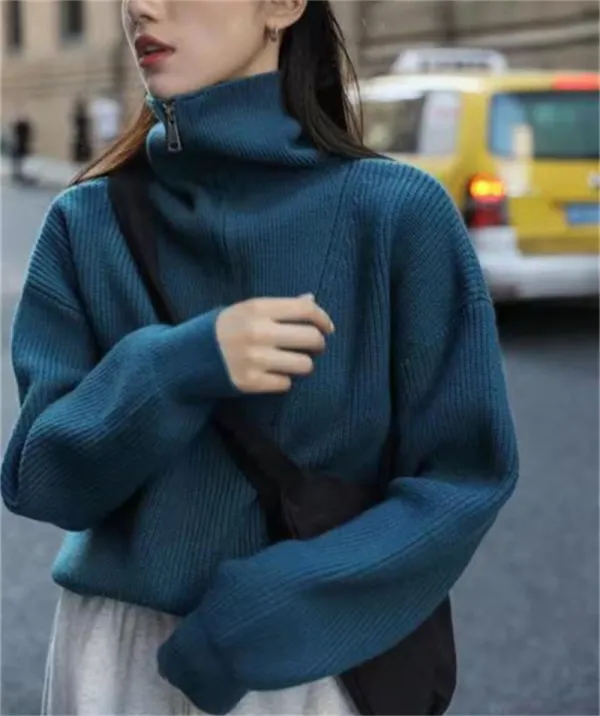 Two Wear Half Zip Large Lapel Soft Waxy Sweater