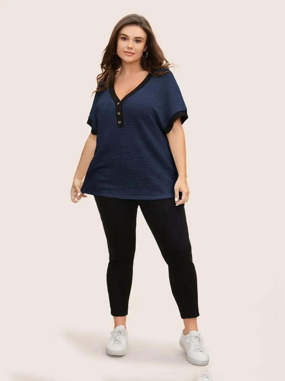 V Neck Contrast Button Detail Knit T-Shirt