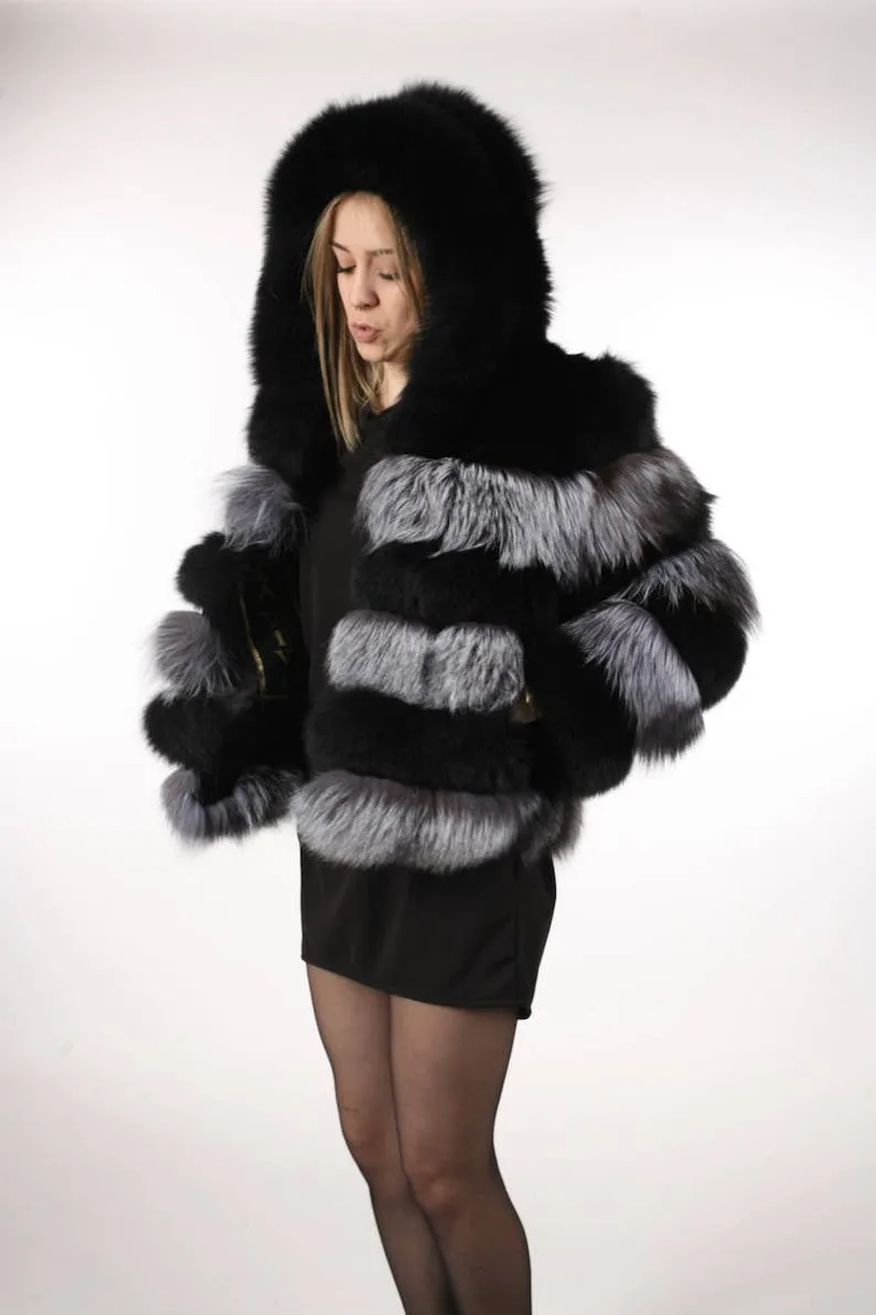 Black Fox with silver fox Fur Coat Women's