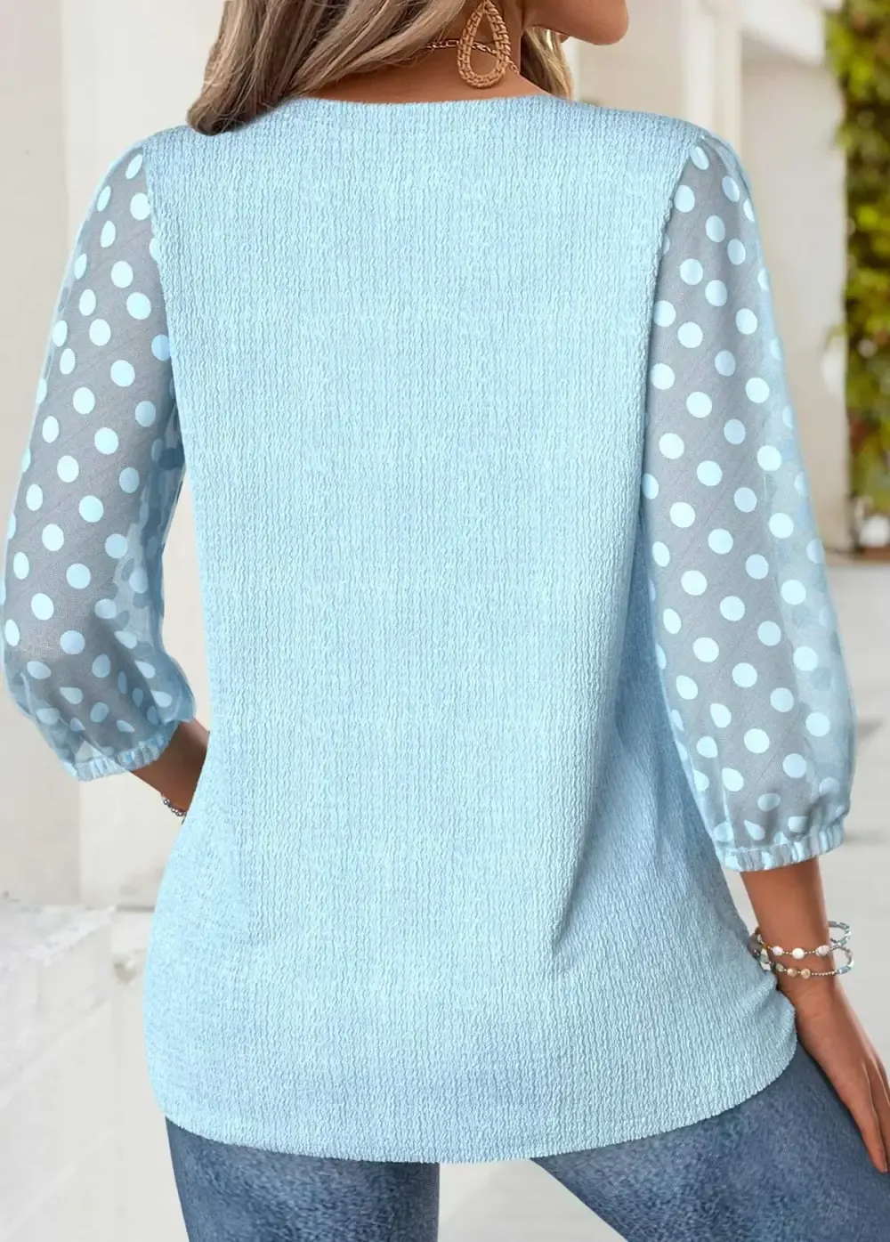 Light Blue 3/4 Sleeve V Neck Blouse