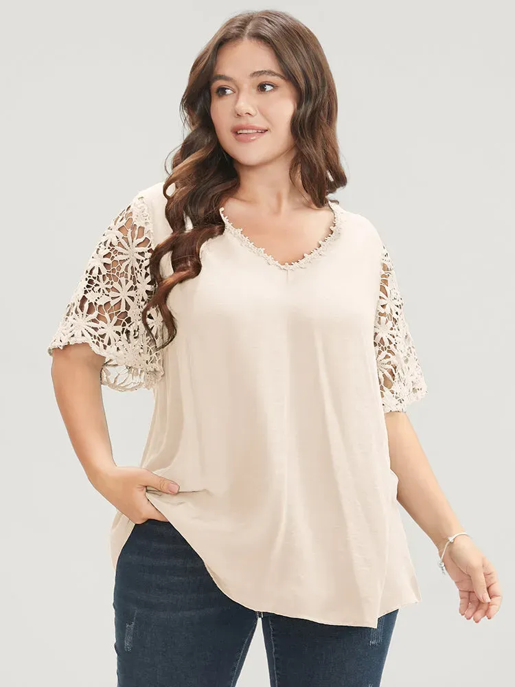 Plain V Neck Floral Patchwork Blouse