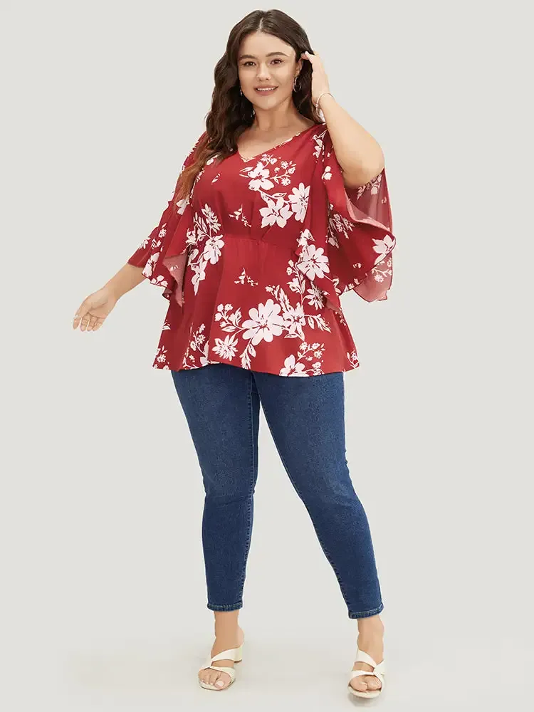 Floral Printed Plicated Detail Flutter Sleeve Blouse