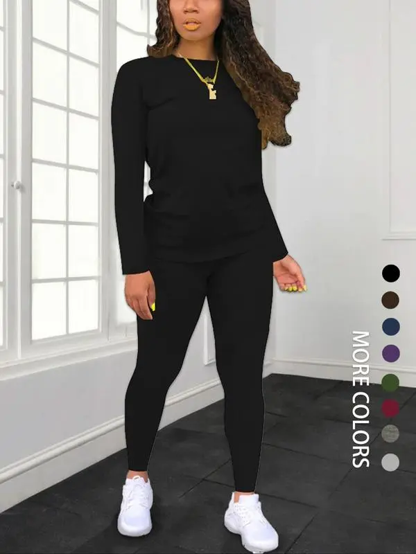 Women's Solid Long Sleeve Top & Pants Set – Minimalist, Casual, Comfy Outfit for Daily Wear.