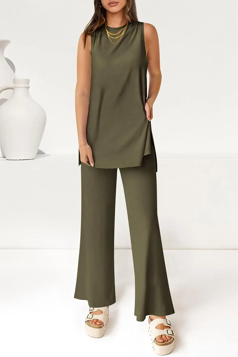 Women's Casual Loose Tank Top Wide Leg Pants 2 Piece Lounge Set