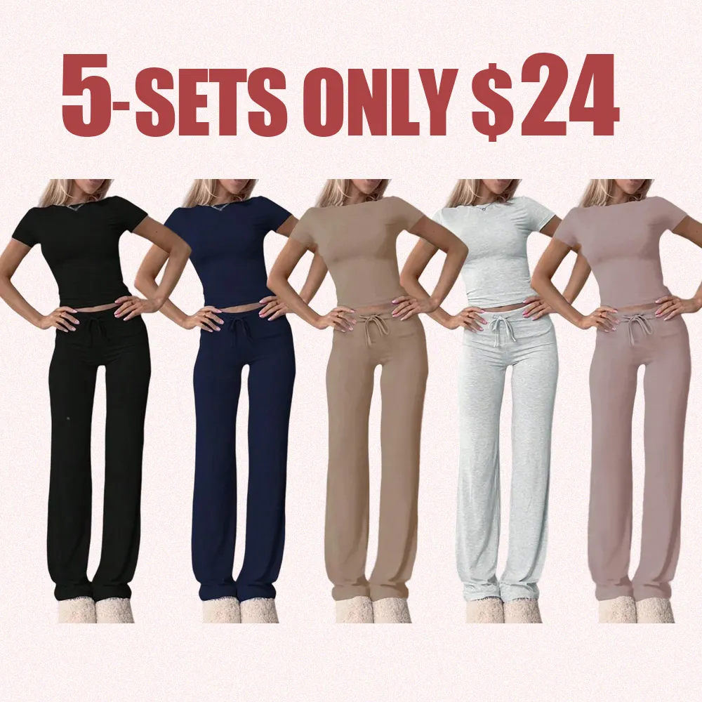 Women's Cozy Loungewear Set – Crew Neck Short Sleeve Top & Drawstring Pants, Suitable for All Seasons