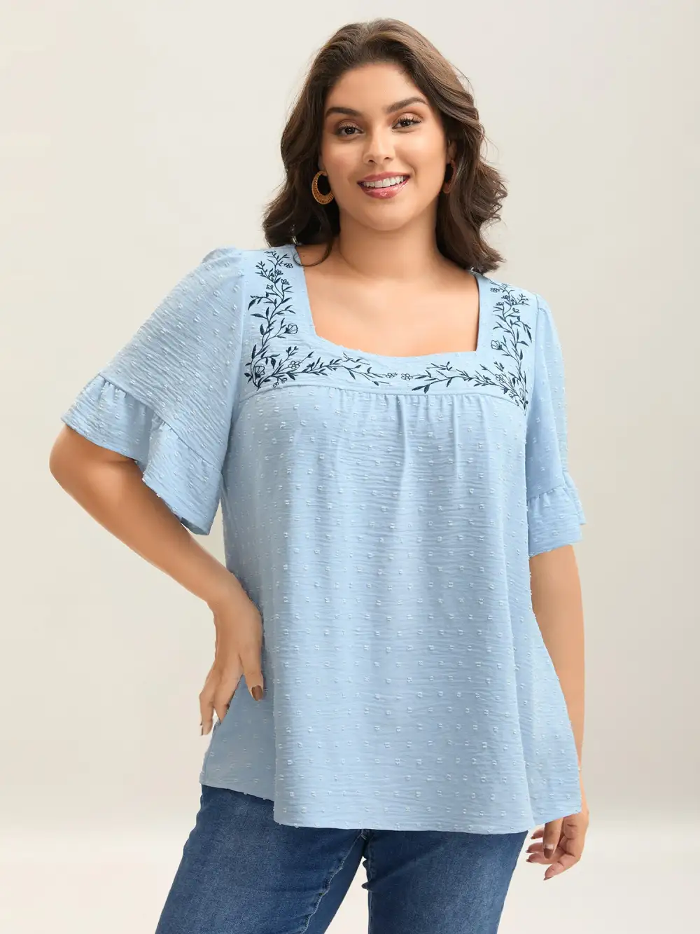 Textured Floral Embroidered Flared Sleeve Shirt