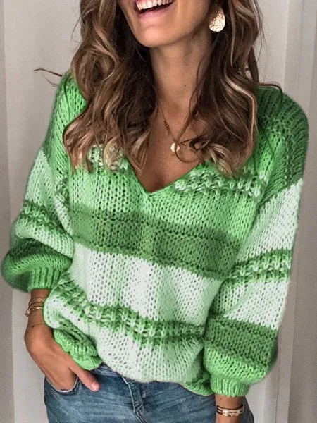 Long Sleeve V Neck Striped Sweater