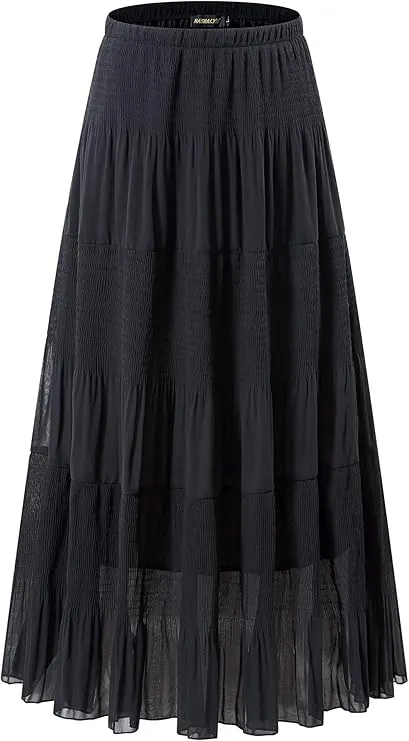 Women's Chiffon Elastic High Waist Pleated A-Line Flared Maxi Skirts