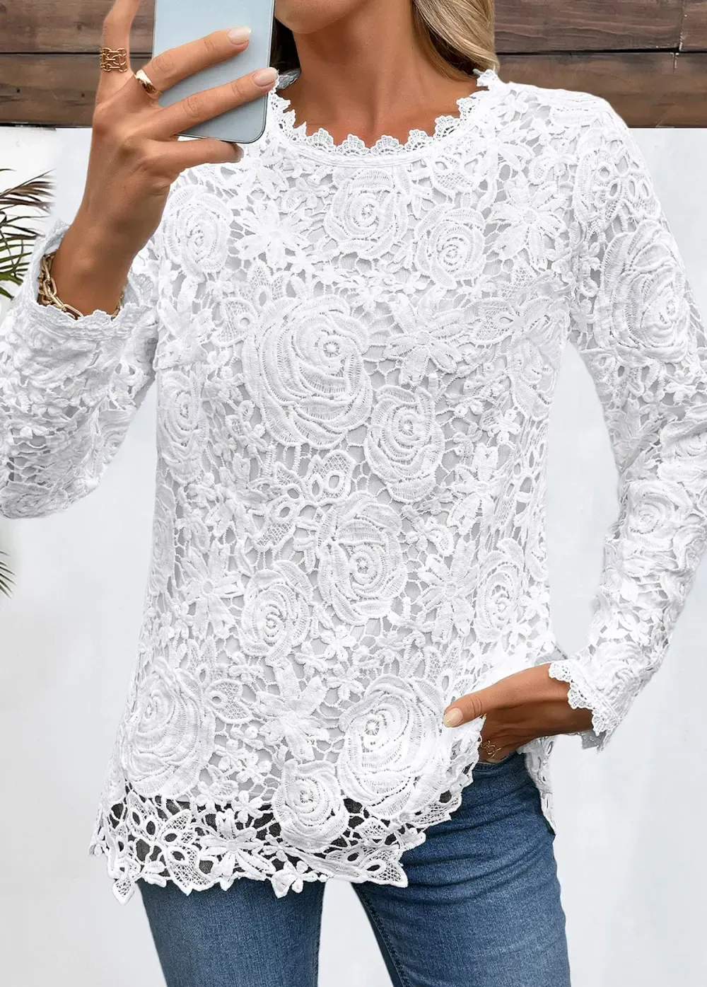White Embroidery Long Sleeve Round Neck T Shirt