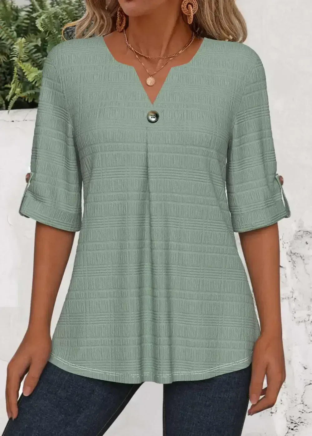 Green Button 3/4 Sleeve Split Neck Blouse