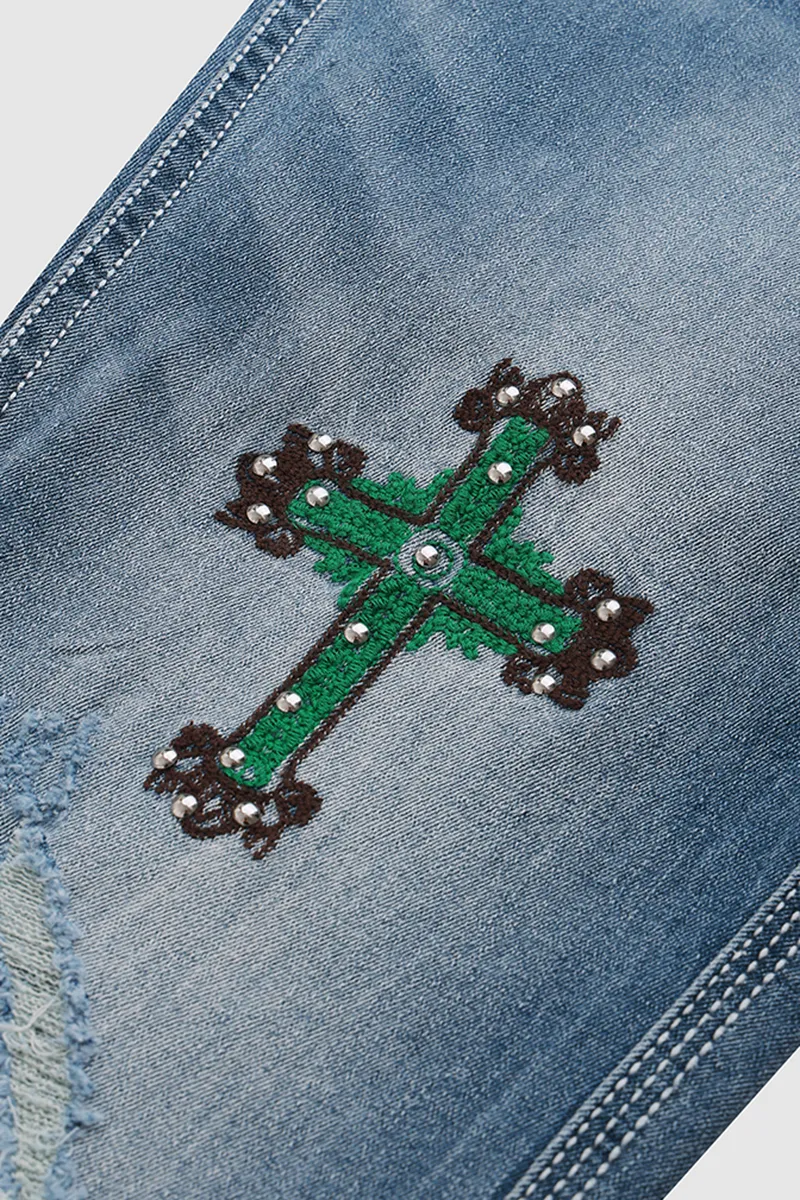 Cross Embroidery Studded Ripped Bootcut Jeans