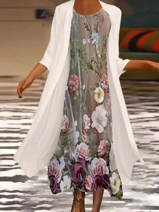 Women's Dress Set Two Piece Dress Chiffon Dress Midi Dress Beige 3/4 Length Sleeve Floral Chiffon Fall Winter Autumn Crew Neck Stylish Loose Fit 2023 M L XL XXL 3XL 4XL 5XL